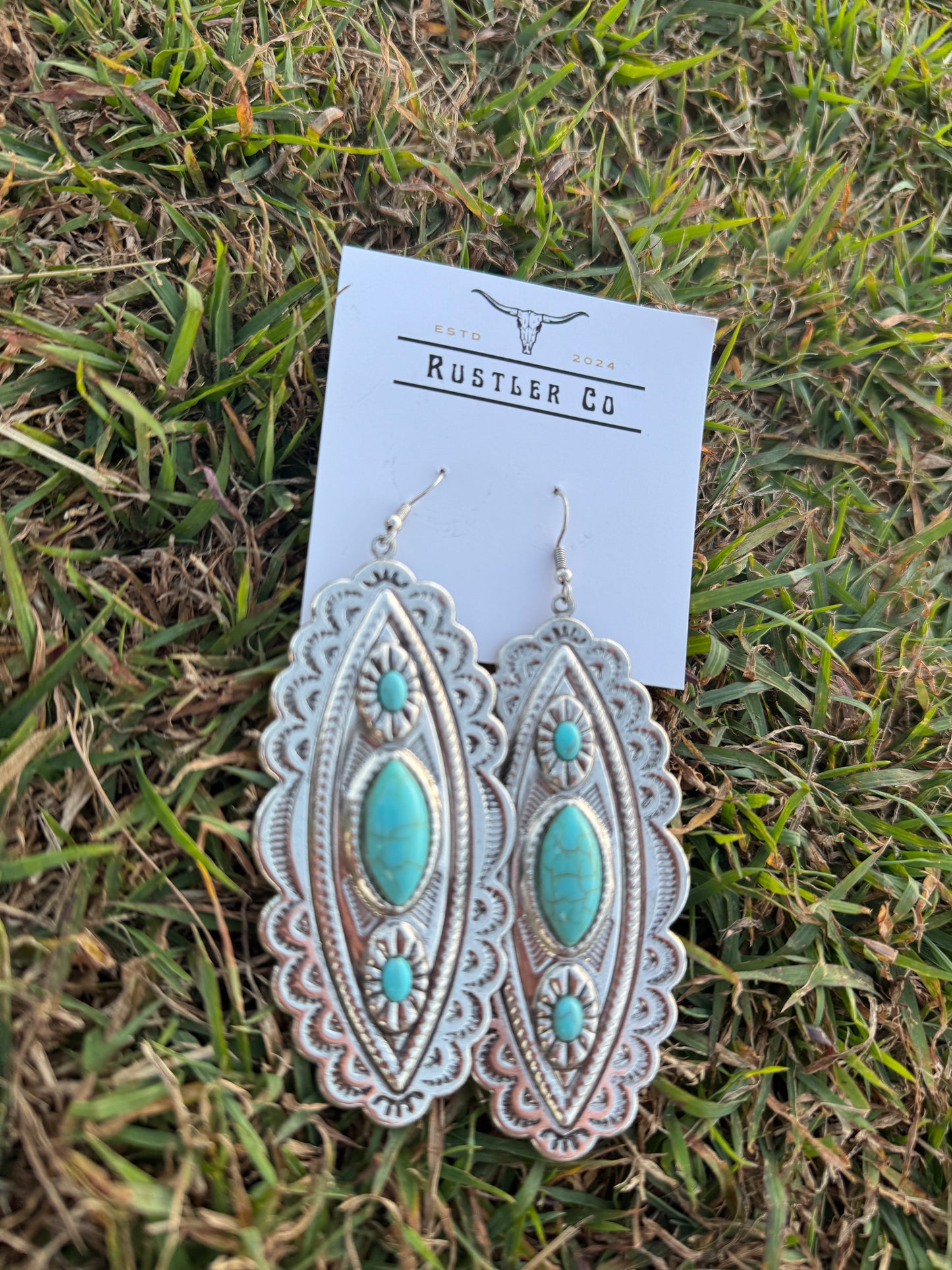 Long Pressed Silver & Turquoise Dangles