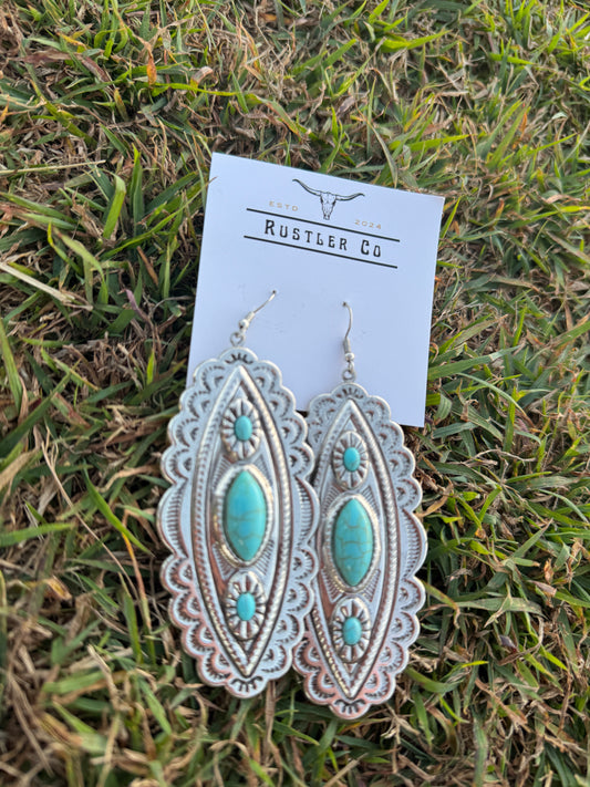 Long Pressed Silver & Turquoise Dangles