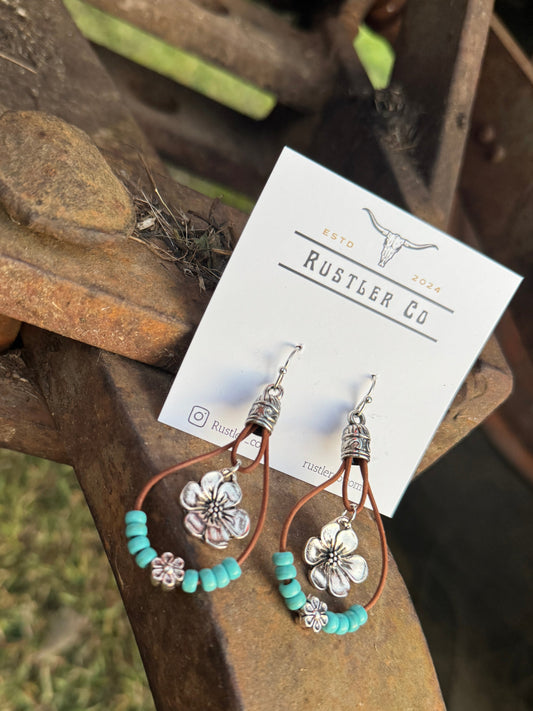 Leather & Turquoise Flower Dangles